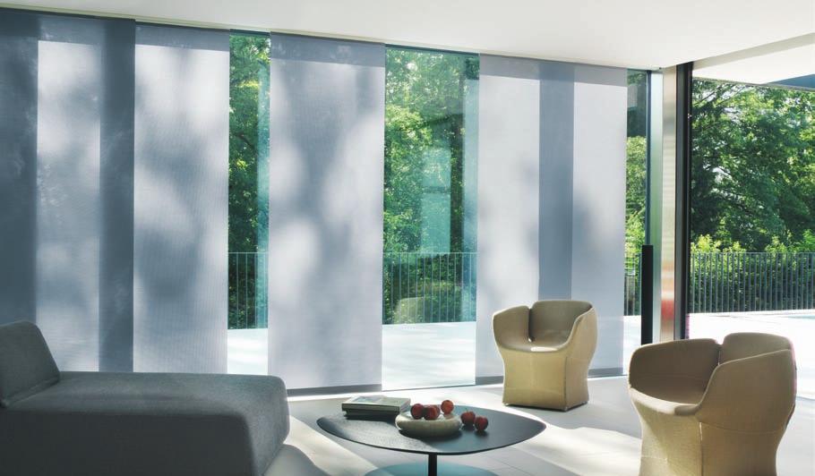 Alternatively, the Panel Glide system uses flat panels to elegantly shade the room or provide a creative solution to a room divider.