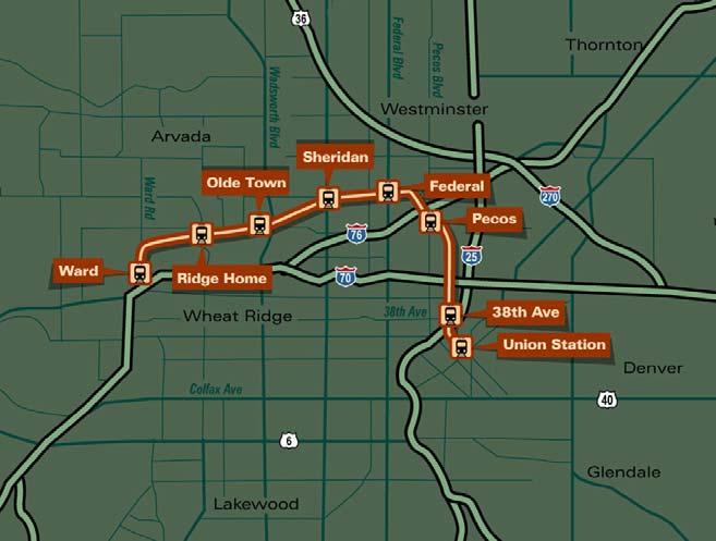 Gold Line Corridor Links Northwest Denver, western suburbs to Denver Union Station Three stations in Arvada EIS Record of