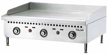 CHARBROILERS AND GRIDDLES COUNTER RESTAURANT SERIES MANUAL CONTROL GRIDDLE 1" thick griddle plate distributes burner heat evenly One 25,000 BTU/hr.