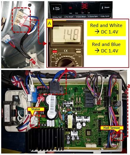 3. Component or Wire Harness / Main Checking the Motor (Stator) Frontload Example 3E error Check U / V and GND, should be 0 to 1.