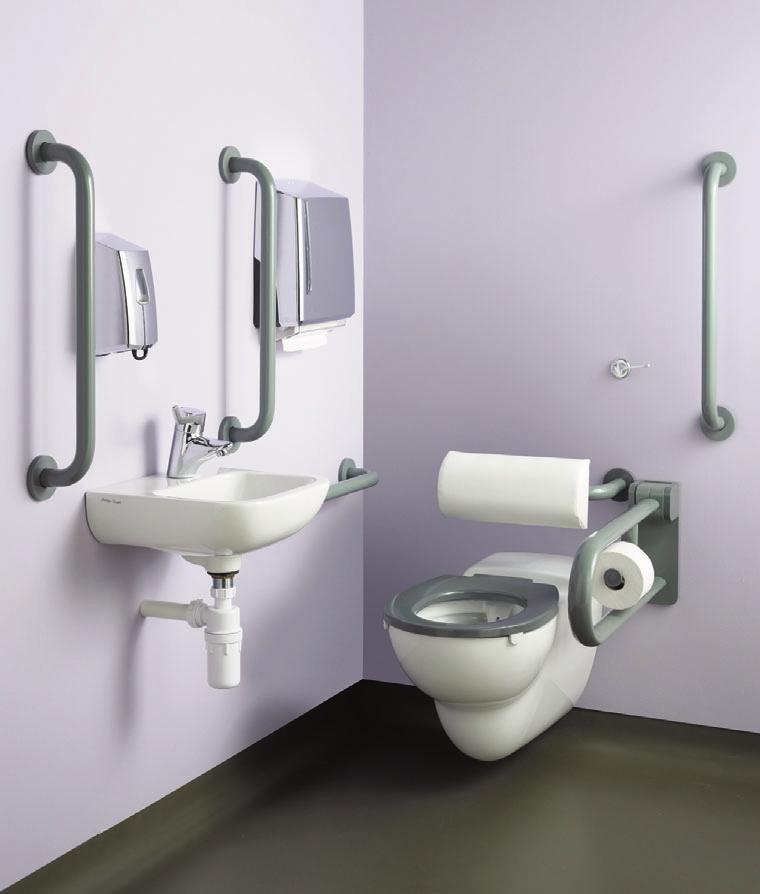 S307601 Rimless wall hung WC pan 70cm projection. S4066LJ Top fix toilet seat only in grey. S688467 Back rest cushion. S6481LJ Back rest rail in grey.
