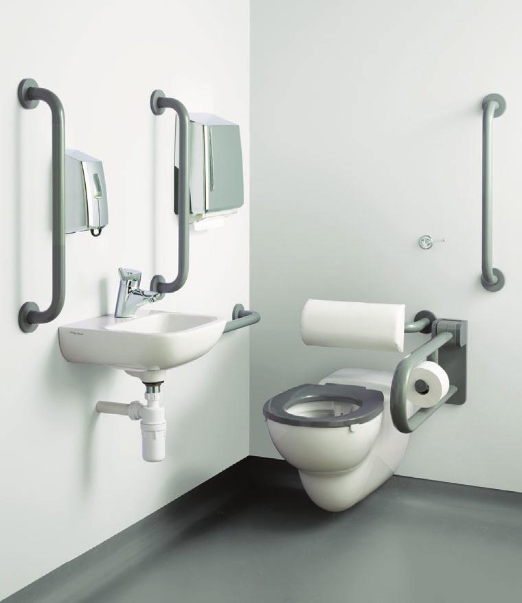 A4169AA single lever one taphole sequential thermostatic basin mixer. S307601 wall hung rimless wc pan standard projection. S4066LJ top fix toilet seat with retaining buffers in grey.