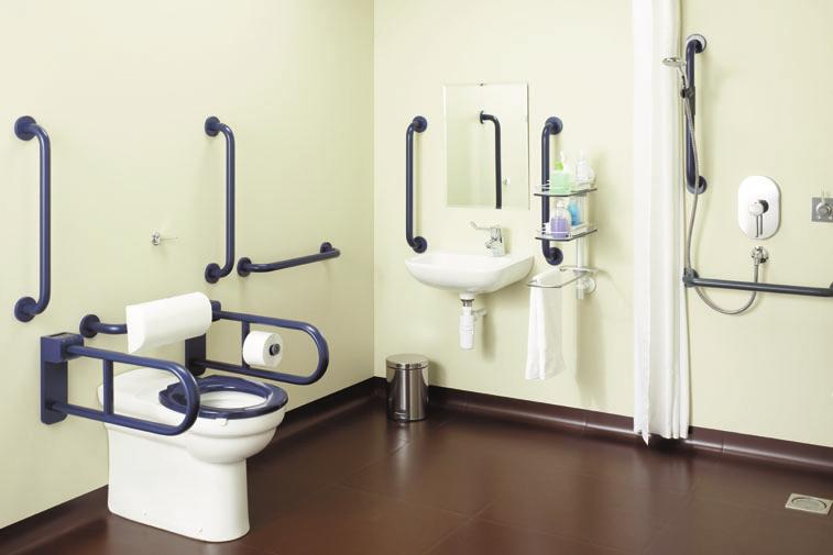 S305501 Raised height rimless back-to-wall WC pan 70cm projection. S406636 Top fix toilet seat only in blue. S648136 Back rest rail in blue. S648236 2 x 650mm hinged drop down arm support in blue.