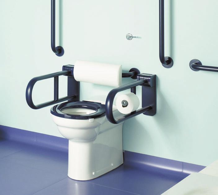 S305501 Raised height rimless back-to-wall WC pan 70cm projection. S406636 Top fix toilet seat only in blue. S648236 2 x 650mm hinged drop down arm support in blue.
