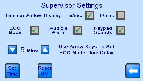 SUPERVISOR SETTINGS When the correct Supervisor code is entered the screen below is displayed.