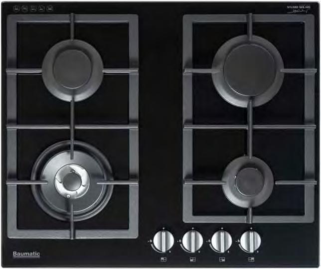 BSGH64 60cm Gas Cooktop BSGH75 70cm Gas Cooktop 4 burners Black glass finish Electronic ignition Cast iron trivets Front control operation Flame failure safety device 5 burners Black