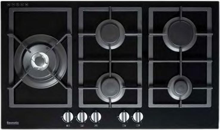 BSGH95 90cm Gas Cooktop BP64S 5 burners 60cm Gas Cooktop Black glass finish Electronic ignition Cast iron trivets Front control operation Flame failure safety device 4 burners