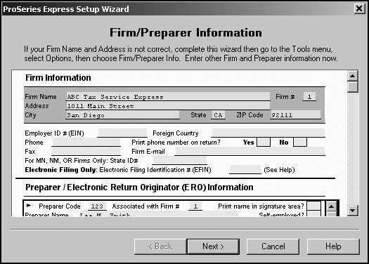 Entering firm and preparer information You enter information about your firm in the Firm/Preparer Information dialog box.
