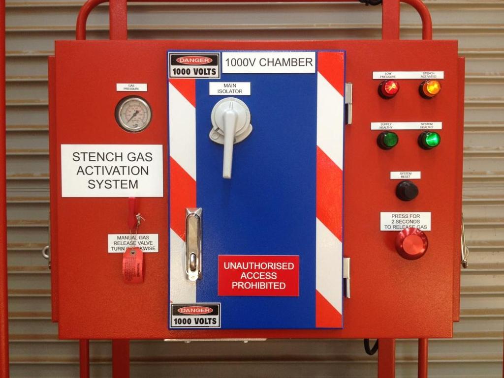 Front Panel View Remote Activated Stench Gas Release System 1000 Volt AC Supply System Overview In the event of an underground emergency, it is of the utmost importance to enable all personnel to get