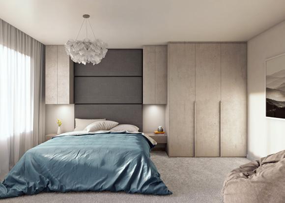 Functional use of the space with high wardrobes to the ceiling and high wall cabinets with