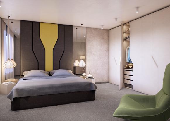The irregular geometric shapes created behind the bed are gently transfered to the