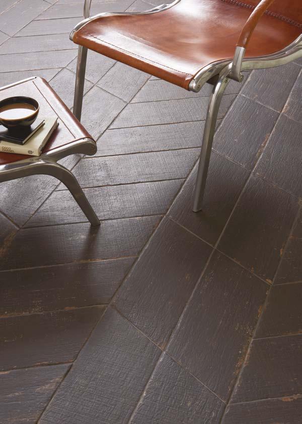 A collection of urban toned, wood-effect porcelain planks with matching chevrons in a subtle oiled finish.