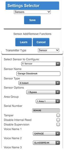 Learn the 60-873 -95 Glass Break Sensor to the Côr Panel S Go to Settings and select Sensors from the dropdown menu under Settings Selector S Select Sensor to Configure for the next available slot i.