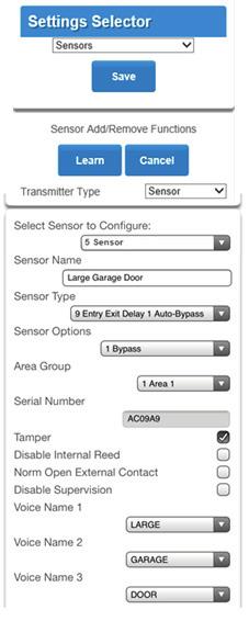 Learn the TX -E401 Garage Door Tilt Sensor to the Côr Panel S Go to Settings and select Sensors from the dropdown menu under Settings Selector S Select Sensor to Configure for the next available slot