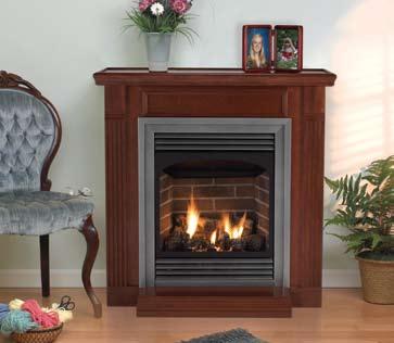 Compact Vent-Free Fireplaces Vail 24 Fireplace with Hammered Pewter Louvers and Trim in a Cherry Standard Mantel Vail 26 Fireplace Special Edition Nutmeg Full-featured Fireplaces for Smaller Spaces