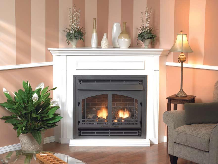 Vent-Free Fireplaces Vail 36 Fireplace with Hammered Pewter Mission Louvers, Doors, and Trim in a White Standard Corner Mantel Vail Series Zero-Clearance Certified Thermostat and Remote Control
