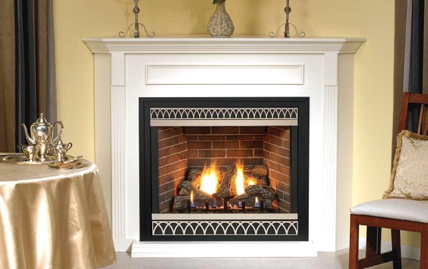 Heater-Rated Premium Direct-Vent Fireplaces Tahoe 36 Premium Fireplace with Stainless Steel Arch Louvers and Black Outer Trim with a White Standard Corner Mantel Premium Series Heater Rated up to 83%