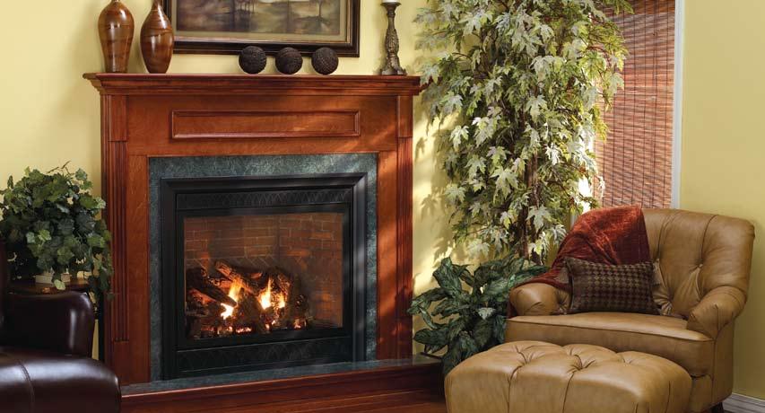 Heater-Rated Luxury Direct-Vent Fireplaces Tahoe 36 Luxury Direct-Vent Fireplace with Arched Louvers and Outer Frame in Matte Black in a Custom Mantel and Base Luxury Series Heater Rated up to 85%