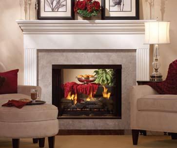 Premium Multi-sided Fireplace Systems Breckenridge See-Through Vent-Free Firebox with White Profile Mantel Tahoe Peninsula Direct-Vent Fireplace with Nutmeg Peninsula Mantel Multi-sided Fireplaces