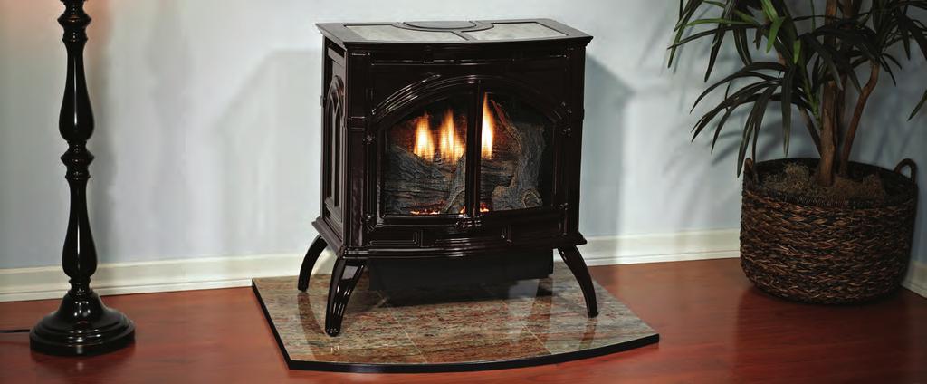 Vent-Free Cast Iron Stoves Heritage Medium Vent-Free Cast Iron Stove in Porcelain Mahogany on Floor Pad (Not Required) Heritage Vent-Free Cast Iron Stoves Vent-free Heritage Stoves come standard with