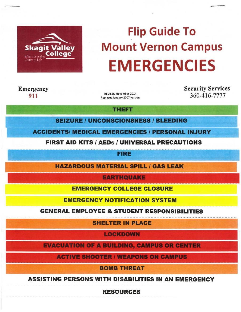 The following is the Skagit Valley College Flip Guide to Emergencies. This has been designed and reviewed for applicability at Skagit Valley College (Mount Vernon Campus).
