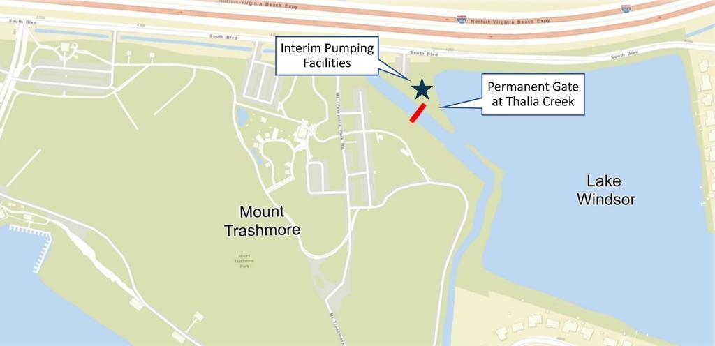 Q21. Where is the proposed location of the tide gate? The location of the tide gate is across Thalia Creek just south of I-264 on the City-owned Mount Trashmore Park property, as shown below. Q22.