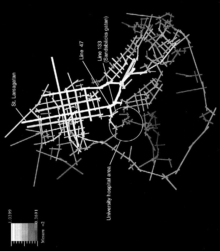 In particular, one of the strong integrating spaces happens to be the street segment (line 47) which intersects with one boundary street (Sandbäcksgatan) of the hospital area, thus linking the area