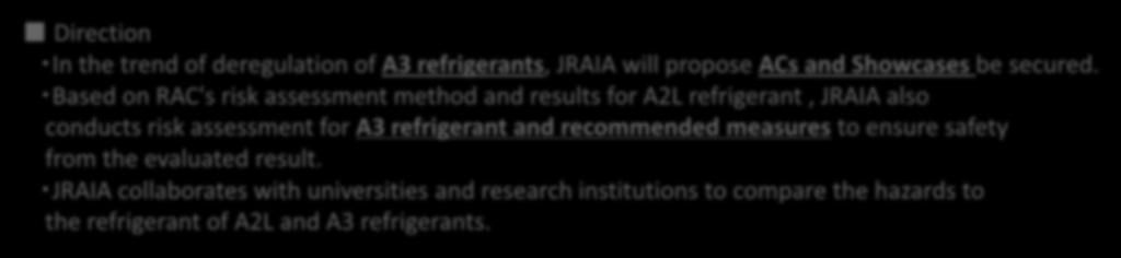 JRAIA collaborates with universities and research institutions to compare the hazards to the refrigerant of A2L and A3 refrigerants.