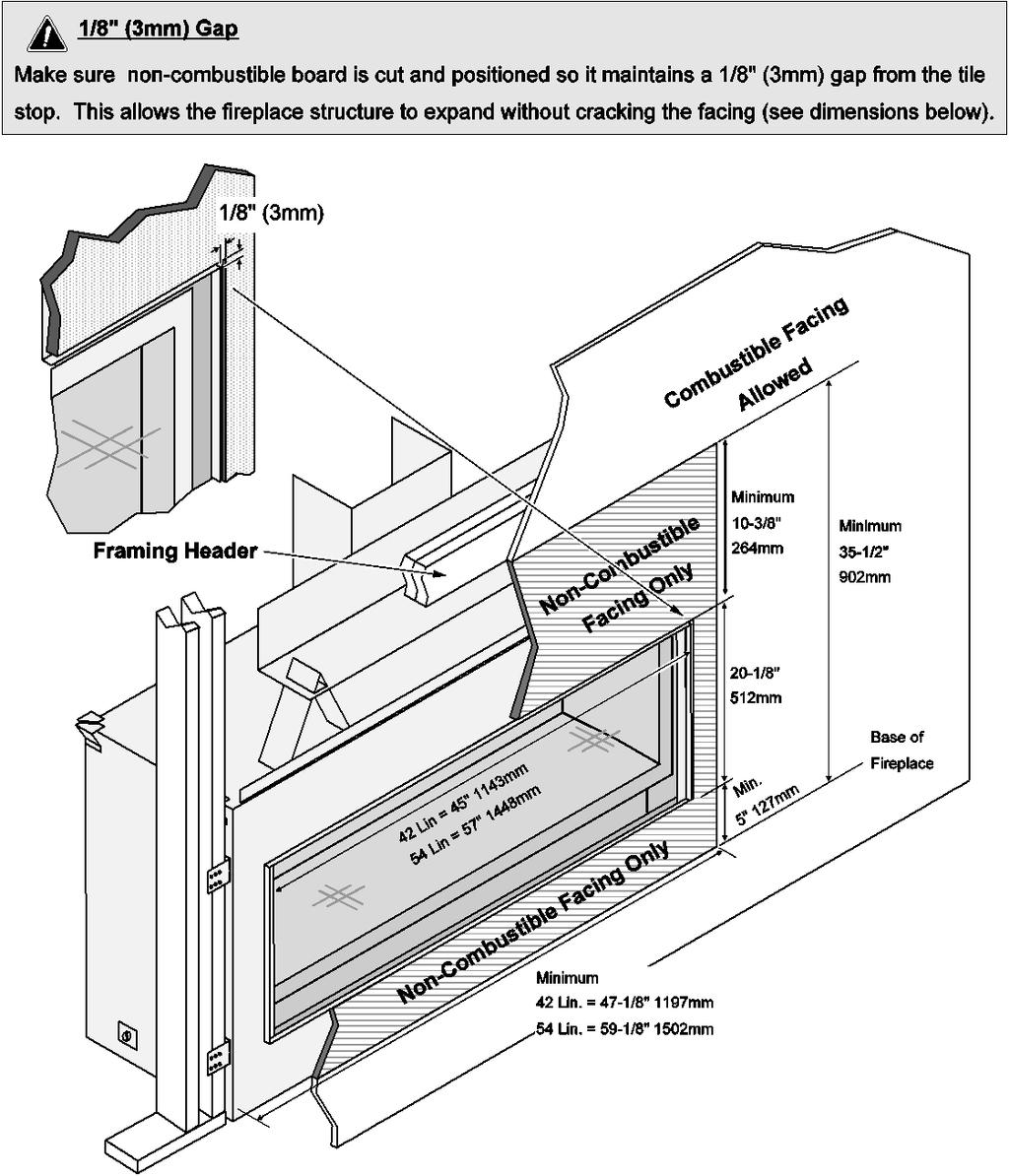 Drywall (or other combustible) may be placed above the non-combustible facing (35-1/2 above the base of the fireplace).