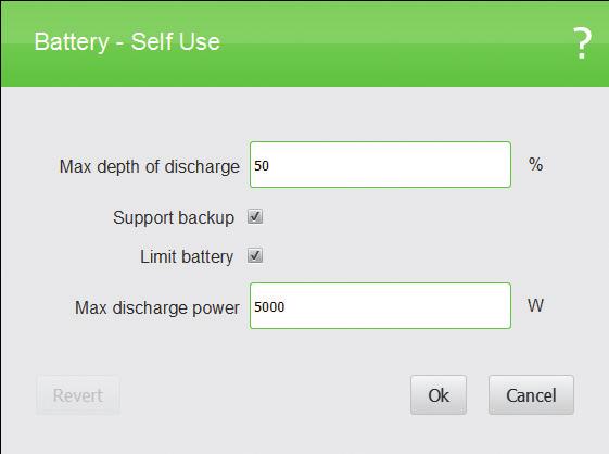 Self-use With this setting you can set specify battery settings for self-use optimization. > Max. depth of discharge. to the default setting is 50%; this value is preferable for daily use.