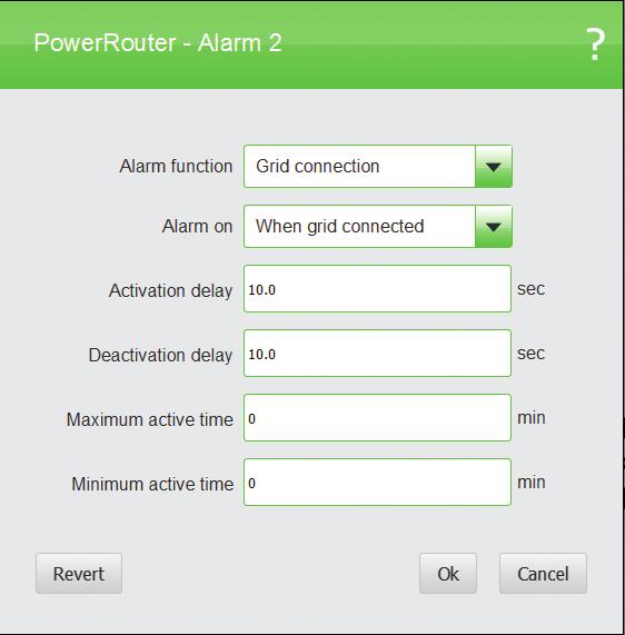 Grid connection This setting will trip the relay in the event of a grid failure: > Alarm on: choose the alarm to be activated when grid connected or disconnected.