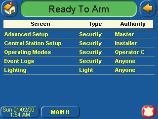 SECTION 4: Initial Setup How to View and Edit Screen Security The Screen Security button displays a screen that lists the various screen classes in the TouchCenter and lists what level user has been