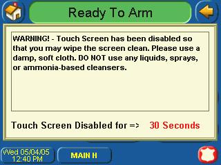 Press CONTINUE to disable touchscreen. When the Continue button is pressed the Touch Screen Disabled for => 30 Seconds.