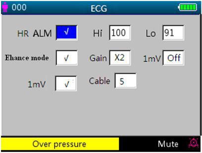 30 4.9.1 ECG Setup Figure 4.11 ECG setup Screen description: HR ALM: heart rate alarm switch, this item is fixed to be ON and the user can not set it.