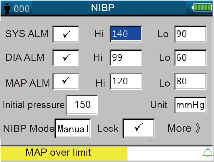 32 4.9.3 NIBP Setup Figure 4.10 NIBP Setup NIBP Setup Screen Description: SYS ALM, DIA ALM, MAP ALM are set ON and the user cannot adjust them. SYS ALM: systolic pressure alarm switch.