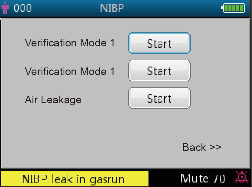 33 Figure 4.14 NIBP verification setup screen Screen description: Verification mode 1: Pressure is generated automatically by the internal pump.