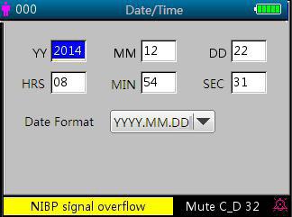36 4.9.7 Date/Time Setup Figure 4.19 Data/Time Setup Screen Screen Description: YY 2014 MM 12 DD 22: date setting. HRS 08 MIN 54 SEC 31: time setting. Date Format: 4 options. 4.9.8 Nurse Call Setup Figure 4.