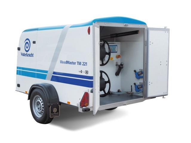 Self-supporting hot water high pressure cleaner on trailer Designed for Weed Control WeedMaster TM 221 High pressure system mounted in a Waterkracht single-axle trailer, complete with surge brake and
