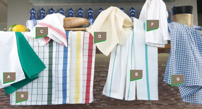Kitchen Linens 100% Cotton Kitchen Towels A) Huck Towel Style No. 8685 15 x17 White 18 oz 17 x27 White 30 oz 17 x32 White 36 oz 17 x32 Green 38 oz B) Checkered Tea Towel Style No.
