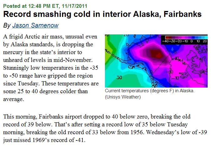 But we are instead dealing with record smashing cold in Interior Alaska, according to the Washington Post [3], my toes, and any other