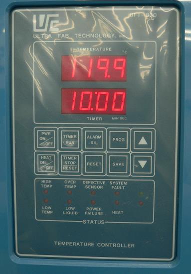 There are six controllers at this wet station. The UFT-820 Temperature Controller is PCT Tiger TT4 Heated bath and water heated bath. The UFT 48-9 Quick Dump Rinser is for quick dump rinse (QDR) bath.
