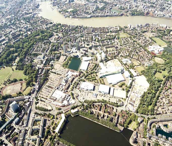 Birds-eye view of the sites being masterplanned together by British Land and known as the Canada Water Masterplan Key SE16 Printworks Site Surrey Quays Shopping Centre Site Surrey Quays Leisure Park