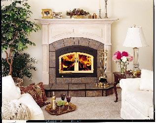 The beautiful Grand Mantle and Hearth Classic's tile face and hearth makes a wonderful