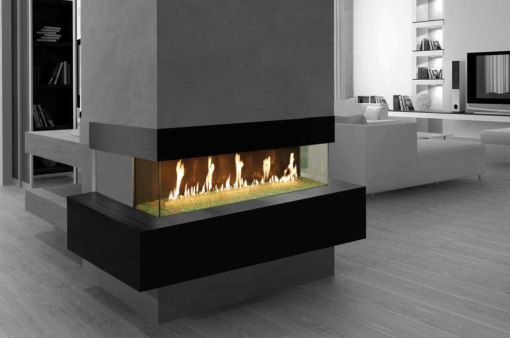 ay Window This fireplace features a contemporary three-sided glass design that showcases the fire from multiple view points and provides a dramatic focal point to any room.