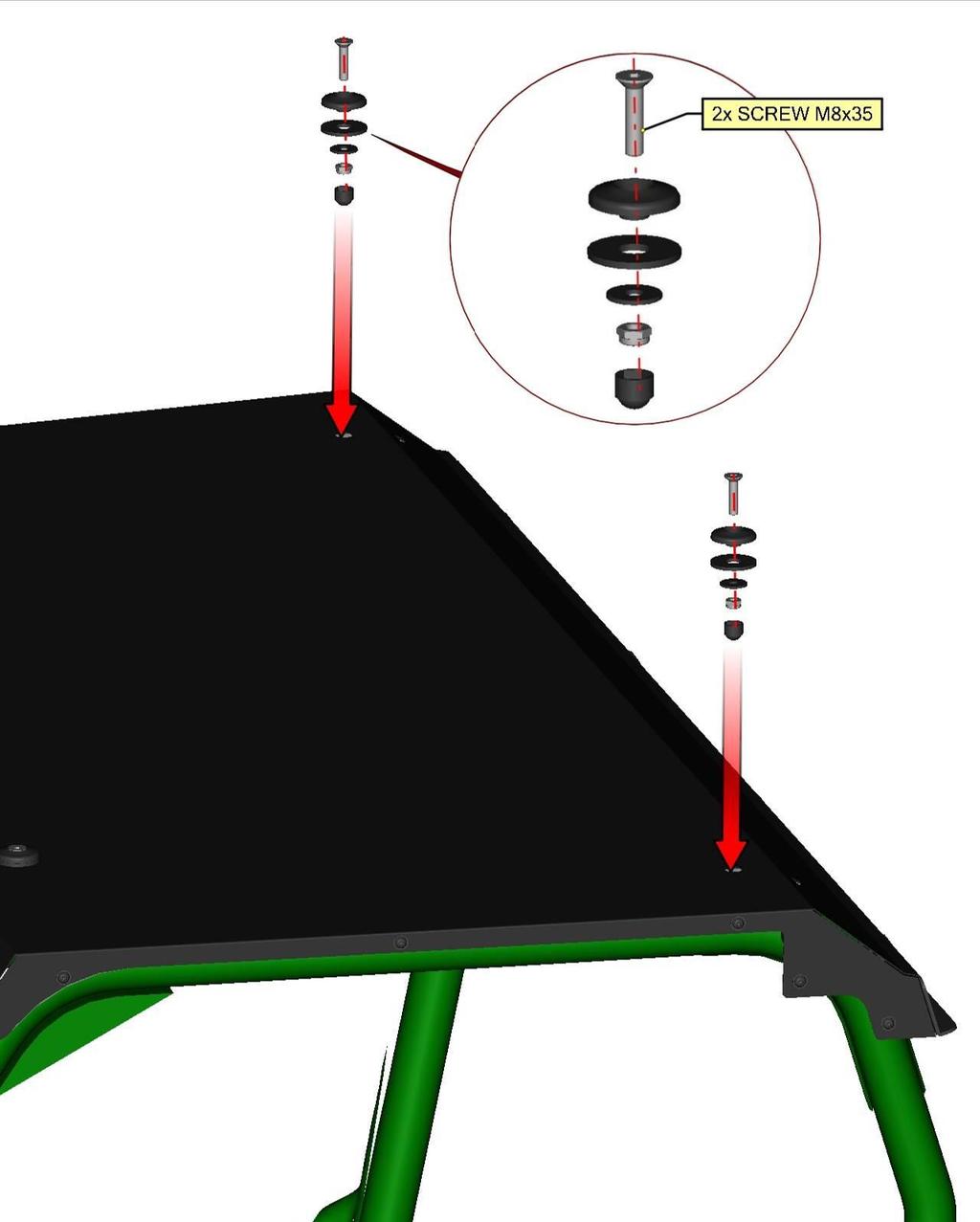 Fix the roof panel with the roof holders to UTV roll cage by screws,