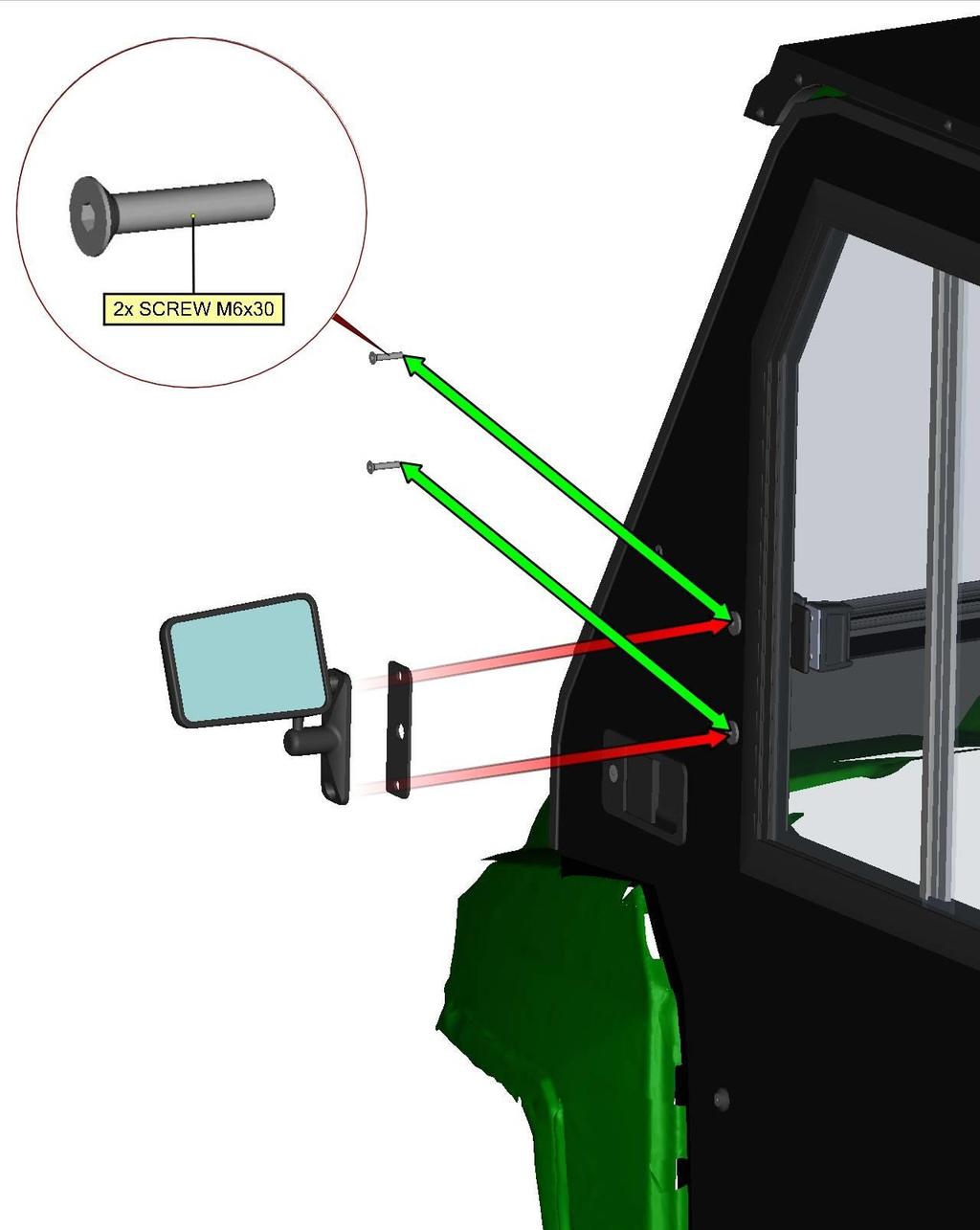 Take out the screws from the door (blue arrows) and place the rear mirror and the mirror washer onto the door