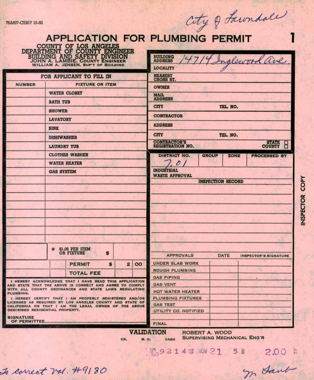 76A607-CE817 10-60 APPLICATION FOR PLUMBING PERMIT COUNTY OF LOS ANGELES DEPARTMENT OF COUNTY ENGINEER JOHN A. LAMBIE. COUNTY Engineer WILLIAM A.