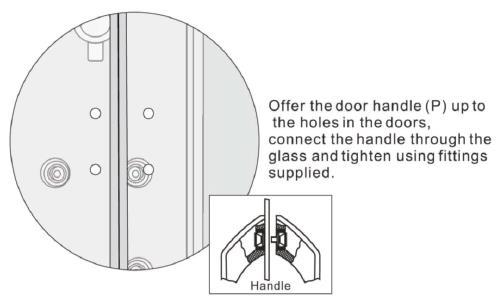 Install (Multiple person assembly) Cable Connections (Cont) 30. Offer the handle up to the pre-formed holes in the doors The clips are colour coded ie blue to blue, red to red. 31.