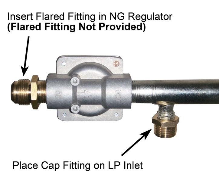 You will need: 13 mm open end wrench Male flared fitting (not provided) Pipe compound suitable for natural gas Appendix 4. Insert a male flared fitting (not provided) in the NG gas regulator.