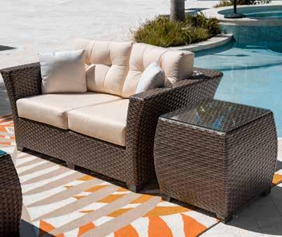 The seating pieces include comfortable cushions in an outdoor off-white fabric, or you may upgrade to our Sunbrella choice of Fabric program.